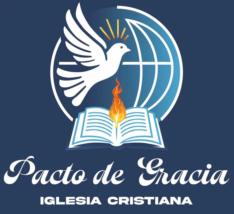 Logo de la Iglesia Cristiana Pacto de Gracia; símbolo de fe con paloma, Biblia y llama; palabra viva y misión global representada por el globo terráqueo.