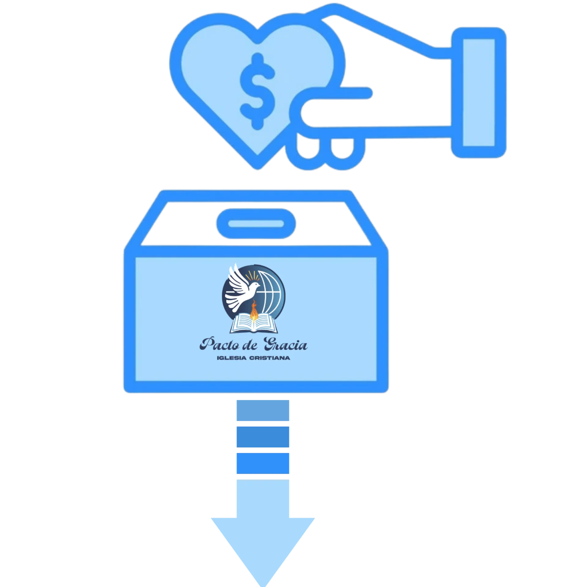 Icono de buzón de donaciones con mano sosteniendo un corazón con símbolo de dólar, sobre caja con globo y manos, representando apoyo solidario en la Iglesia Cristiana Pacto de Gracia en Charlotte.